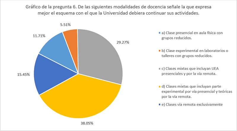 6. De las siguientes modalidades de docencia se&ntilde;ale la que expresa mejor el esquema con el que la Universidad debiera continuar sus actividades. 